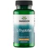 Zielona butelka z czarną zakrętką, na której etykiecie widnieje napis "SWANSON" oraz "L-Tryptofan". Dodatkowo znajduje się informacja: "Suplement diety, 500 mg w kapsułce, 60 kapsułek".