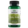 Zielona butelka z czarną nakrętką, na której widnieje logo i napis "SWANSON". Etykieta zawiera tekst: "Gotu Kola, Suplement diety, 435 mg w kapsułce, 60 KAPSUŁEK".