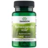 Zielona butelka z czarną zakrętką zawiera suplement diety "SWANSON Ashwagandha KSM", oznaczony jako 250 mg KSM-66, z napisem "60 kapsułek wegetariańskich" na dole etykiety. Na etykiecie widnieje logo z zielonym motywem roślinnym.