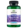 Zielona butelka z czarną zakrętką zawiera suplement diety "SWANSON Triple Magnesium Complex". Na etykiecie widnieje napis: "400 mg w kapsułce, 100 WEGAŃSKICH KAPSUŁEK".