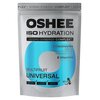 Srebrne opakowanie produktu "OSHEE ISO Hydration Powder" z niebieskim akcentem, zawiera napisy: "Hydro Synergy Complex", "5 Electrolytes: Sodium, Potassium, Chloride, Magnesium, Zinc", "8 Vitamins", "Multifruit Flavour", "Universal", "Before, During, Afte