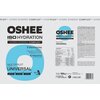 Opakowanie produktu "OSHEE ISO Hydration" z napisem "Hydro Synergy Complex" i informacjami o zawartości 5 elektrolitów oraz 8 witamin, o smaku wieloowocowym, z grafiką przedstawiającą niebieski okrąg. Na opakowaniu znajduje się tabela wartości odżywczych,