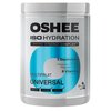 Pojemnik z napisem "OSHEE ISO HYDRATION" zawiera informacje o składnikach, takich jak 5 elektrolitów (sód, potas, chlorek, magnez, cynk) oraz 8 witamin. Na etykiecie widnieje również napis "MULTIFRUIT FLAVOUR UNIVERSAL" oraz oznaczenia "BEFORE", "DURING",