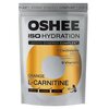 Srebrne opakowanie z napisem "OSHEE ISO HYDRATION" oraz "HYDRO SYNERGY COMPLEX" zawiera informacje o składnikach: 5 elektrolitów (sód, potas, chlorki, magnez, cynk) i 9 witamin. Na opakowaniu widnieje także napis "ORANGE FLAVOUR L-CARNITINE" oraz oznaczen