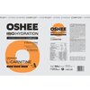 Opakowanie produktu "OSHEE ISO Hydration" w wersji pomarańczowej z L-karnityną, zawiera informacje o składnikach takich jak 5 elektrolitów (sód, potas, chlorek, magnez, cynk) oraz 9 witamin. Widoczna jest tabela wartości odżywczych, kod kreskowy oraz hasł