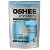 Srebrne opakowanie produktu "OSHEE Hydration" z niebieskimi i czarnymi napisami, zawiera informacje o składnikach takich jak "5 Electrolytes: Sodium, Potassium, Chloride, Magnesium, Zinc" oraz "8 Vitamins". Na opakowaniu widnieje również napis "ZERO SUGAR