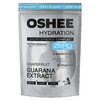 Srebrne opakowanie produktu OSHEE Hydration zawiera napisy: "HYDRO SYNERGY COMPLEX™", "ZERO SUGAR", "5 Electrolytes: Sodium, Potassium, Chloride, Magnesium, Zinc", "8 Vitamins", "GRAPEFRUIT FLAVOUR", "GUARANA EXTRACT", oraz piktogramy "BEFORE", "DURING", 