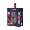 Opakowanie myszy gamingowej z napisem "LORGAR JETTER 357 Gaming mouse" oraz grafiką przedstawiającą mysz. Na opakowaniu widoczne są informacje: "up to 16000 dpi", "6 programmable buttons", "weight-adjusting system 10 g max", a także kolorowe ikony i logo LORGAR.