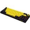 Czarno-żółta klawiatura mechaniczna z napisem "READY TO PLAY" na spacji, posiadająca podświetlenie RGB oraz logo "LORGAR" na obudowie. Klawisze są w kolorze żółtym i czarnym, a na obudowie znajduje się okrągłe pokrętło.
