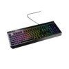 Czarna klawiatura z podświetleniem RGB, ukazująca różnokolorowe światła na klawiszach. Klawiatura jest przewodowa, z widocznym kablem wychodzącym z górnej części.