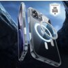 Przezroczyste etui na telefon z widocznym pierścieniem MagSafe i szkłem hartowanym, obok którego znajduje się oznaczenie "MIL-STD-810H 516.8 3X MILITARY GRADE PROTECTION". Tło przedstawia skaliste formacje pod niebieskim niebem.