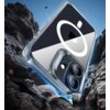 Przezroczyste etui ESR Classic Hybryd MagSafe z hartowanym szkłem do Apple iPhone 17 jest przedstawione na tle skalistego krajobrazu. Na etui widoczny jest okrągły symbol MagSafe oraz wycięcia na aparat i logo producenta.