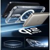 Przezroczyste etui z widocznym okrągłym wzorem MagSafe jest umieszczone na tle z efektem świetlnym, obok znajduje się szary powerbank z logo "ESR". Na zdjęciu widoczny jest także napis "Qi2 25W" oraz dwa mniejsze obrazy przedstawiające szczegóły etui.