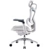 Biały fotel gamingowy z ergonomicznym oparciem i regulowanym zagłówkiem, posiada metalową podstawę z pięcioma kółkami oraz ciemne podłokietniki. Siedzisko i oparcie wykonane są z siateczkowego materiału.