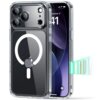 Przezroczyste etui na telefon z trzema widocznymi obiektywami aparatu i białym symbolem MagSafe na tylnej części. Obok etui znajduje się ekran telefonu z widoczną godziną 9:41 i datą September 9.