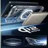 Przezroczyste etui z widocznym okręgiem MagSafe oraz szkło hartowane do iPhone 17 Pro Max są przedstawione na tle dynamicznych linii, obok znajduje się szary powerbank z logo "ESR". Na zdjęciu widoczny jest napis "Qi2 25W".