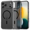 Na zdjęciu widoczne są trzy czarne, matowe etui na telefon z okrągłym wzorem i logo jabłka, przeznaczone do modelu Apple iPhone 17 Pro. Etui mają wycięcia na aparat i przyciski, a na jednym z nich widoczny jest napis "TECH-PROTECT".