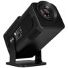 Czarny projektor o nowoczesnym designie, umieszczony na podstawce, z widocznym obiektywem i otworami wentylacyjnymi. Na bocznej stronie znajduje się etykieta z napisem: "SMART PROJECTOR, Model: LP-K320, Input: 100-240V~1.5A, 50/60Hz, Made in China, www.linovision.com".