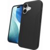 Czarne etui ZAGG Luxe Snap MagSafe do Apple iPhone 17 jest pokazane obok telefonu z wyświetlaczem, na którym widoczne są niebiesko-zielone okręgi. Etui ma teksturowaną powierzchnię i wycięcia na aparat oraz przyciski.