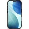 Czarne etui na telefon z zaokrąglonymi krawędziami, w którym widoczny jest ekran z abstrakcyjną grafiką przedstawiającą niebieskie i zielone okręgi na jasnym tle. Produkt to "Etui ZAGG Luxe Snap MagSafe do Apple iPhone 17 Czarny".