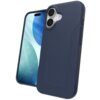 Na zdjęciu widoczne jest granatowe etui na telefon z dwoma wycięciami na aparaty oraz przyciskami bocznymi. Obok etui znajduje się telefon z wyświetlaczem pokazującym abstrakcyjny wzór w odcieniach niebieskiego i zielonego.