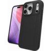 Czarne etui na telefon z trzema wycięciami na aparaty i jednym na lampę błyskową, obok widoczny telefon z kolorowym ekranem. Na ekranie telefonu widoczne są okrągłe kształty w odcieniach różu i fioletu.