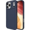 Granatowe etui ZAGG Luxe Snap MagSafe do Apple iPhone 17 Pro Max, z trzema otworami na aparaty i dodatkowymi przyciskami bocznymi, prezentowane na tle telefonu z wyświetlaczem w odcieniach czerwieni i beżu.