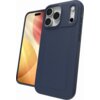 Granatowe etui na telefon z trzema wycięciami na aparaty oraz dodatkowymi otworami na inne elementy urządzenia. Obok etui widoczny jest telefon z kolorowym ekranem.
