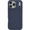Granatowe etui na telefon z trzema okrągłymi wycięciami na aparaty oraz dodatkowymi otworami na lampę błyskową i mikrofon. Powierzchnia etui ma delikatną teksturę, a krawędzie są lekko zaokrąglone.