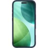 Granatowe etui na telefon z zaokrąglonymi krawędziami, widoczne na tle abstrakcyjnej grafiki z zielonymi i niebieskimi okręgami. Produkt jest przeznaczony do urządzeń z funkcją MagSafe.