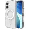 Przezroczyste etui na telefon z okrągłym wzorem kompatybilnym z MagSafe, widoczne na tle telefonu z niebieskim ekranem. Etui ma wycięcia na aparat i przyciski boczne.