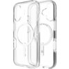 Przezroczyste etui ZAGG Crystal Palace Snap MagSafe do Apple iPhone 17, z widocznym okrągłym wzorem na środku oraz napisem "ZAGG" i "PROTECT BETTER" na wewnętrznej stronie. Etui ma wycięcia na aparat i przyciski boczne.