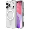 Przezroczyste etui na telefon z widocznym okrągłym wzorem kompatybilnym z MagSafe, umieszczone na modelu telefonu z trzema dużymi obiektywami aparatu i kolorowym ekranem. Produkt to "Etui ZAGG Crystal Palace Snap MagSafe do Apple iPhone 17 Pro Przezroczys
