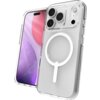 Przezroczyste etui na telefon z widocznym okrągłym wzorem kompatybilnym z MagSafe, obok telefonu z wyświetlaczem pokazującym abstrakcyjną grafikę w odcieniach fioletu i różu. Etui posiada wycięcia na aparat i przyciski.