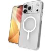 Przezroczyste etui na telefon z widocznym okrągłym wzorem kompatybilnym z MagSafe, obok którego znajduje się telefon z kolorowym ekranem. Na etui widać wycięcia na aparat i przyciski.