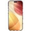 Przezroczyste etui na telefon z widocznym ekranem, na którym znajduje się abstrakcyjna grafika z dużymi, kolorowymi okręgami w odcieniach żółci i czerwieni. Etui ma gładką powierzchnię i zaokrąglone krawędzie.