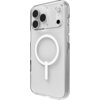 Przezroczyste etui na telefon z widocznym okrągłym wzorem kompatybilnym z MagSafe, przeznaczone dla modelu Apple iPhone 17 Pro Max. Etui posiada wycięcia na aparat i przyciski, a jego powierzchnia jest gładka i błyszcząca.