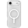 Przezroczyste etui na telefon z okrągłym wzorem kompatybilnym z MagSafe, widoczne są wycięcia na aparat i lampę błyskową. Produkt jest przeznaczony do modelu Apple iPhone 17 Air.