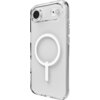 Przezroczyste etui na telefon z okrągłym wzorem na środku, przeznaczone do iPhone'a. W górnej części widoczne są wycięcia na aparat i lampę błyskową.
