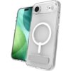 Przezroczyste etui z okrągłym wzorem na środku i prostokątnym elementem u dołu, obok smartfona z zielonymi i niebieskimi okręgami na ekranie. Produkt to "Etui ZAGG Crystal Palace Snap Kickstand MagSafe do Apple iPhone 17 Air Przezroczysty".
