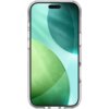 Przezroczyste etui na telefon z widocznymi zaokrąglonymi krawędziami, w środku ekran z abstrakcyjnym wzorem w odcieniach zieleni i błękitu. Etui posiada wbudowaną funkcję Kickstand MagSafe.