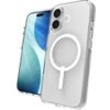 Przezroczyste etui na telefon z widocznym okrągłym wzorem kompatybilnym z MagSafe, obok którego znajduje się telefon z wyświetlaczem pokazującym abstrakcyjną grafikę w odcieniach niebieskiego i zielonego. Etui ma wycięcia na dwa obiektywy aparatu i lampę 