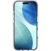 Przezroczyste etui na telefon z zaokrąglonymi krawędziami, w którym widoczny jest ekran z abstrakcyjną grafiką w odcieniach niebieskiego i zielonego. Etui posiada wycięcia na przyciski i porty.