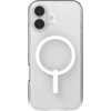 Przezroczyste etui na telefon z widocznym okrągłym wzorem MagSafe oraz wycięciami na dwa obiektywy aparatu i lampę błyskową. Produkt ma gładką powierzchnię i jest przeznaczony do konkretnego modelu telefonu.