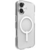 Przezroczyste etui na telefon z widocznym okrągłym wzorem MagSafe na tylnej części, zaprojektowane dla Apple iPhone 17. Etui ma wycięcia na aparat i przyciski boczne, a jego powierzchnia jest gładka i błyszcząca.