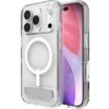 Przezroczyste etui na telefon z widocznym okrągłym wzorem kompatybilnym z MagSafe oraz wbudowaną podpórką, obok którego znajduje się telefon z kolorowym ekranem. Etui posiada wycięcia na aparat i przyciski boczne.