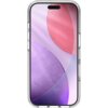 Przezroczyste etui na telefon z widocznym ekranem, na którym znajdują się dwa duże, kolorowe okręgi – jeden różowy, drugi fioletowy. Etui ma wyraźnie zaznaczone krawędzie i otwór na aparat.