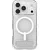 Przezroczyste etui na telefon z trzema wycięciami na aparaty, okrągłym wzorem MagSafe oraz wbudowaną podstawką. Produkt jest przeznaczony do modelu Apple iPhone 17 Pro.