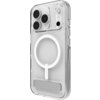 Przezroczyste etui na telefon z widocznym okrągłym wzorem MagSafe i prostokątną podpórką na tylnej części. Etui ma wycięcia na aparat i przyciski boczne.