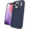 Granatowe etui ZAGG Luxe Snap MagSafe do Apple iPhone 17 Pro jest pokazane z przodu i z tyłu, z widocznymi trzema aparatami i wycięciem na przyciski. Na ekranie telefonu widoczna jest kolorowa grafika z okręgami w odcieniach różu i fioletu.